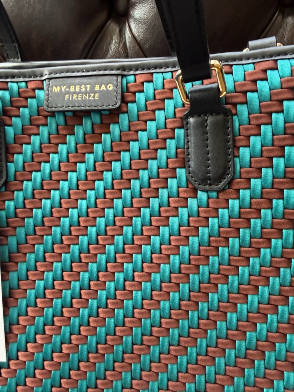 My Best Bag Firenze Woven Tote in Teal and Brown NWT - Unique Gorgeous - Picture 3 of 6